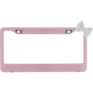Pink 7 Rows Bling Diamond Crystal License Plate Frame With Corner Clear Bow Tie - Picture 1 of 4