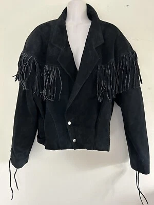 Blazer Retro Recortado Vintage CHIA Negro Gamuza Flecos Moto Chaqueta Talla M Foto 1 de 4