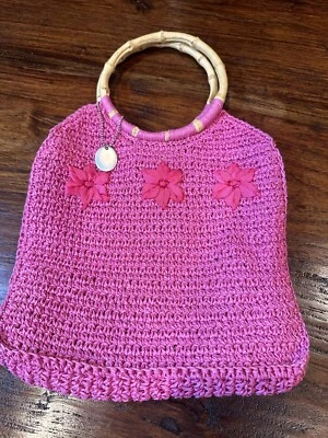 Mini bolso tejido rosa Esprit vintage con soporte de mano de bambú. Envío gratuito Foto 1 de 4