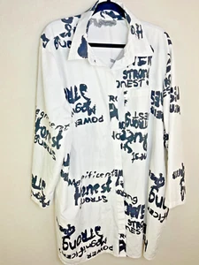 SPOON JEANS White Graffiti Dress Oversized Shirt L Large Womens Positive Vibes - Picture 1 of 9