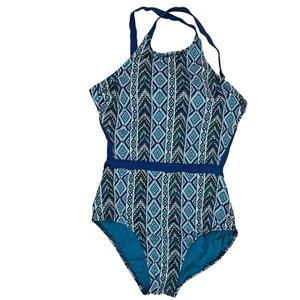 Time and Tru Womens One Piece Swimsuit Blue Geometric 1X 16W-18W - Picture 1 of 13