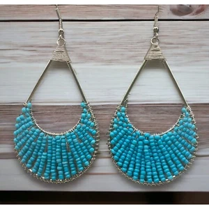 Baby Blue Teardrop Earrings Vintage Silver Tone Seed Beads Dangle - Picture 1 of 6
