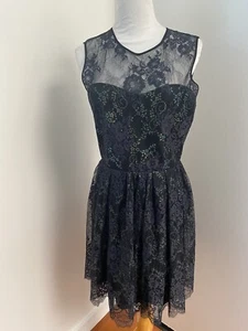 Erin Fetherston Black Lace Cocktail Dress Women's Metallic Accents Midi Lined 4 - Picture 1 of 9