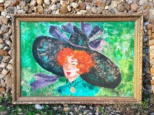 Pintura al óleo grande vintage retrato de una dama con sombrero de vestir en marco de madera dorado - Imagen 1 de 10