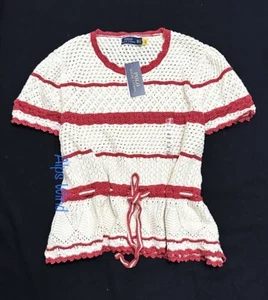 NWT Polo Ralph Lauren Crochet Striped Pointelle S/S Peplum Sweater SZ.XXL $228 - Picture 1 of 8