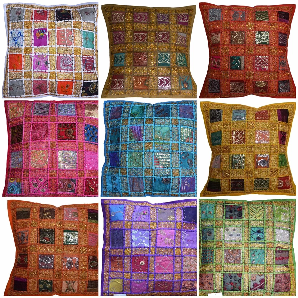 Cushion Covers 16"x16" Indian Heavy Embroidery Sari Patchwork Square zip 40cm - Image 1 of 1