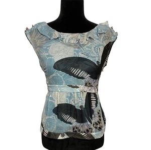 Leifsdottir Top 0 White Black Blue Butterfly Print Blouse Silk Anthropologie - Picture 1 of 9