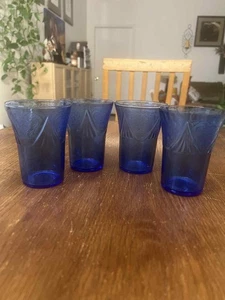 Set of 4 Hazel Atlas Royal Lace Cobalt Blue Depression Glass Tumblers Vintage - Picture 1 of 4