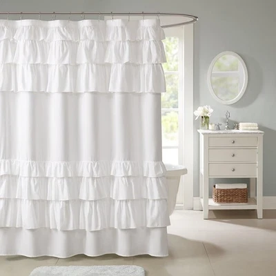 Gorgeous Fabric Rosette Shower Curtain Elegant White Ruched Clean Anthropologie - Image 1 of 4