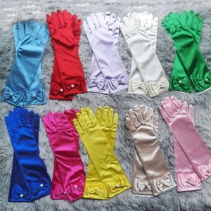 Solid Color Children Gloves Satin Double Laryer Bow Pearl Full Finger Mittens - Picture 1 of 33