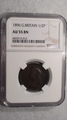 1896 Great Britain 1/2 Penny NGC AU55 BN CIRCULATED  1/2P Coin BUY IT NOW! - Image 1 of 4