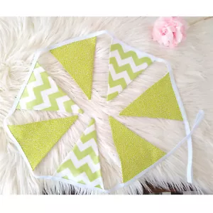 Green White FLAG BUNTING Cotton - 2 Yards /7 Flags Nursery Party Baby Photo Boho - Picture 1 of 6