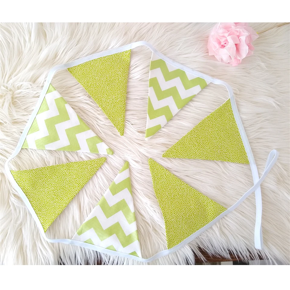 Green White FLAG BUNTING Cotton - 2 Yards /7 Flags Nursery Party Baby Photo Boho - Image 1 of 4