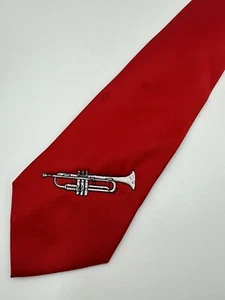 Wolfmark Embroidered Trumpet Red Gray VTG Designer Tie Silk Mens Necktie Classic - Picture 1 of 6