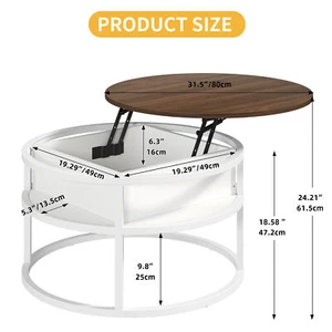 2-Tier Lift Top Round Coffee Table with Hidden Storage Compartment Home Office - Picture 1 of 25
