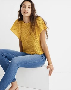 NWT Madewell Texture & Thread Large Eyelet Flutter-Sleeve Top Yellow - Picture 1 of 4