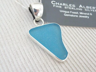 Nuevo Collar Colgante Artesanal Firmado Plata Esterlina 950 Azul Mar Playa Vidrio Foto 1 de 4