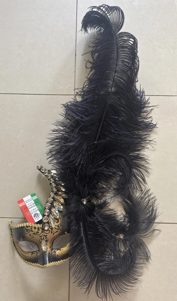 Venetian Mask Handmade In Italy Gold Black Lace Feathers Half Face Masquerade - Image 1 of 4