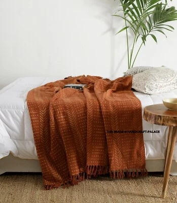 Cotton Soft Warm Throw Block Printed Sofa Bed Blanket Single Size Bedding Rust - Image 1 of 4