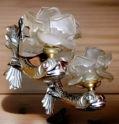 Pair of Vintage French Sconces Silver Color metal Dolphins, white satin roses. - Image 1 of 4
