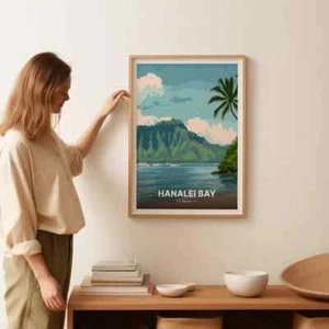 Hanalei Bay Kauai Travel Poster, Tropical Beach Wall Art - Picture 1 of 4