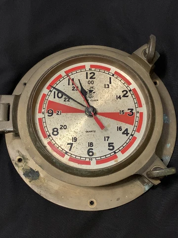 Nautical Brass Porthole Clock 9” In Diameter Parts Or Repair Cover