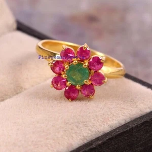 Smeraldo Naturale E Rubino Pietre Placcato Oro 925 Argento Anello Per Donna #23 - Foto 1 di 7