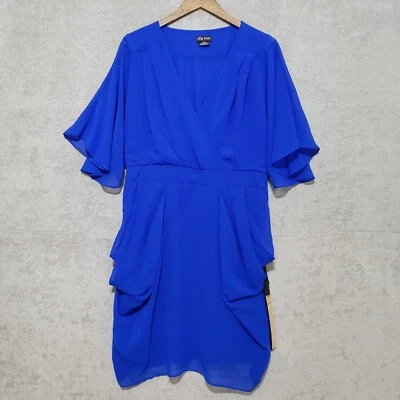City Chic S/16 Dress Short Draped Faux Wrap Belted Cobalt Blue Elastic Waist - Image 1 of 4