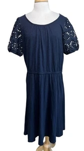 TALBOTS Womens 1X Navy Blue Eyelet Sleeve Elastic Waist Cotton Midi Dress NWT - Picture 1 of 8