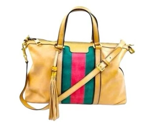 GUCCI Tan Brown Leather Web Sherry Line Boston Speedy Rania Bag Weekender 2way - Picture 1 of 10