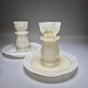 2x Vintage Candle Holder ls Marble Stone White 9cm 3½" Pakistan  - Picture 1 of 6