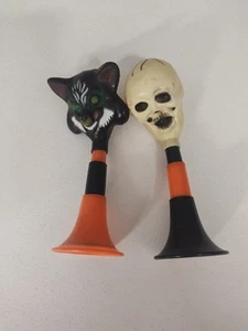 Vtg Fun World Spooky Horns Black Cat Skull Halloween Plastic Horns Noisemakers  - Picture 1 of 5