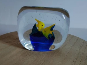 Murano Style Aquarium Glass Paperweight Square Blue Yellow Fish  - Picture 1 of 9