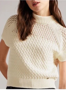 Maglione Ted Baker London bianco panna maglia uncinetto manica corta taglia small NUOVO! - Foto 1 di 11