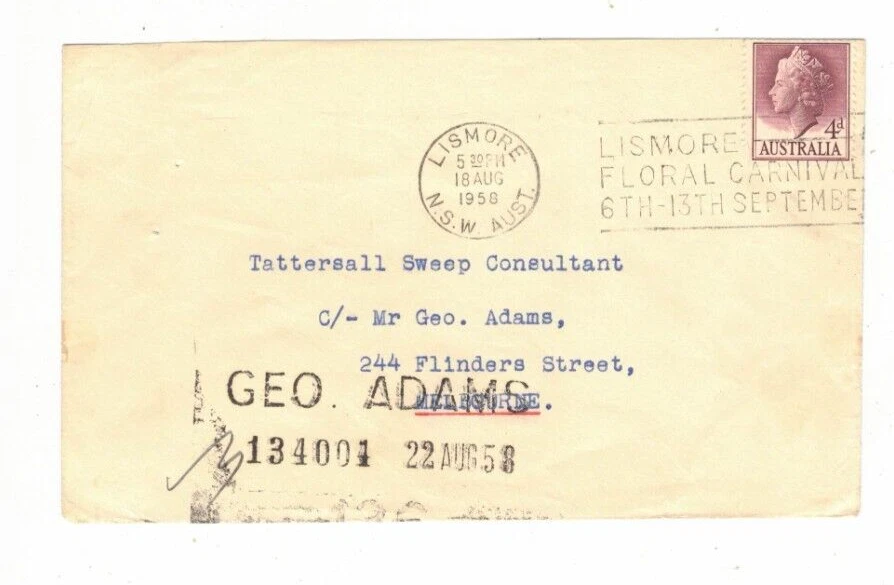 Australia 1958 4d Cover,cds SLOGAN CANCEL LISMORE FLORAL CARNIVAL NSW - Image 1 of 1