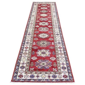 3'x11' Red Hand Knotted Wool Super Kazak Geometric Medallion Runner Rug G72908 - Picture 1 of 6