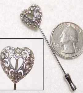 Vintage Openwork Heart w/Rhinestones Stickpin, Silvertone, 2.25" - Picture 1 of 3