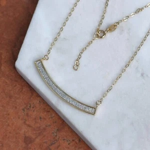 14 KT Gelbgold Halskette gebogener Bar Pave Gold diamantgeschliffen Weißgold Detail - Bild 1 von 8