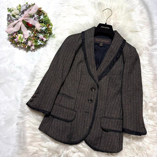 LOUIS VUITTON（LV） Giacca tweed piping Louis Vuitton maniche 3 4 taglia 38 grigio marrone lana viscosa
