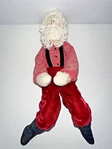 Christmas Shelf Sitter Santa Yarn Hair With Velvet Pants - Hand Stitched Face - Picture 1 of 5