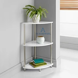 3 Tier White Corner Shelf Beside Table Storage Shelves Unit Chrome Metal Legs UK - Picture 1 of 3