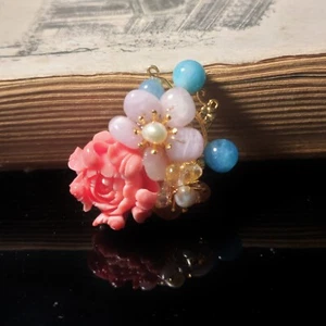 D13 Broche Doré Branche à Pétales Rose Quartz Rose Turquoise Amazonite - Imagen 1 de 5