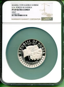 KOREA 1970 PROOF 1000 WON SILVER UN FORCES IN S. KOREA NGC PF 69 HIGH GRADING - Picture 1 of 2