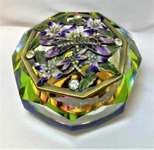 Iridescent Glass Enamel & Crystal Dragonfly Floral Purple Octagon Trinket Box