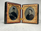 Antique Civil War Union Solider W/Rifle Daguerreotype Gutta Percha Union Case 