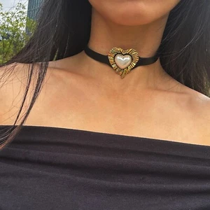 Boho Heart Choker, Y2K Pearl Heart Necklace, Heart Leather Necklace for Women - Picture 1 of 7
