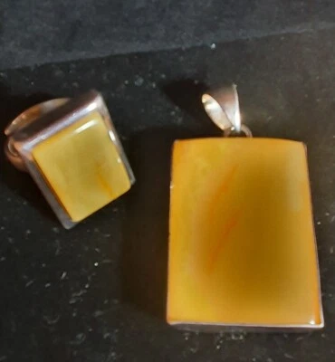 Conjunto de collar y anillo modernista de plata de ley 925 ámbar báltico yema de huevo 35 g Foto 1 de 4