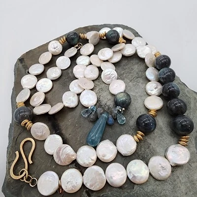 Colar de prata esterlina 925 Vermeil labradorita moeda pérola topázio Ag 22153 - Imagem 1 de 4