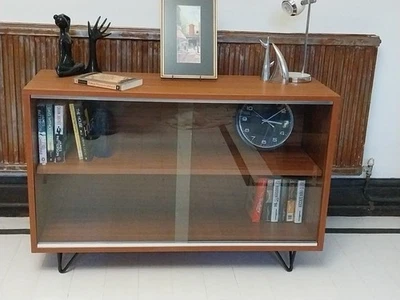 Mid century teak sideboard/media stand with sliding glass doors/adjustable shelf - Image 1 of 4