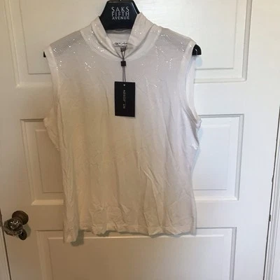 St John Knits Bright White Sleeveless Top Cami Sequins  Size L NWT - Image 1 of 4